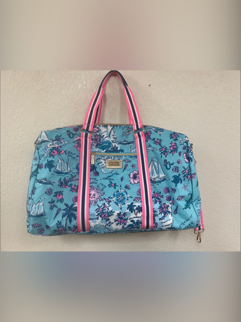 Lilly Pulitzer Turquoise Floral Sailboat Tote with Pink-Striped Handles